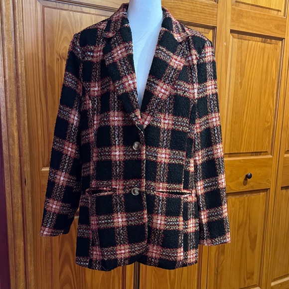 ZIA Jackets & Blazers - Womens Black and Red Plaid Wool-Blend Coat Jacket